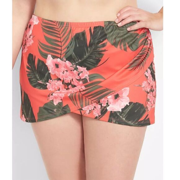 Cacique by Lane Bryant Faux-Wrap Swim Skirt in Coral Botanical Floral - Picture 1 of 10